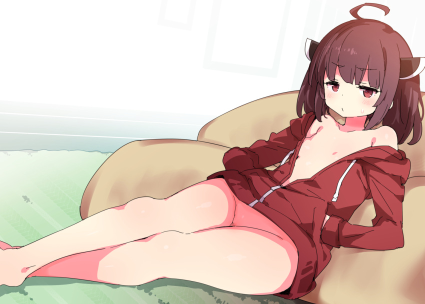 1girl ahoge bare_shoulders barefoot bean_bag_chair blush bottomless breasts brown_hair carpet crossed_legs frown groin hair_ornament hands_in_pockets jacket looking_at_viewer lying naked_jacket on_back petenshi_(dr._vermilion) red_eyes small_breasts solo sweatdrop touhoku_kiritan voiceroid