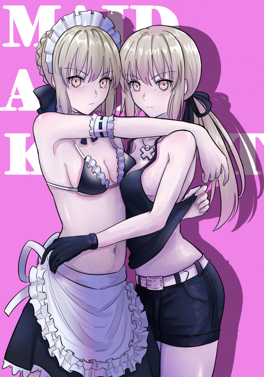 2girls absurdres apron artoria_pendragon_(alter_swimsuit_rider)_(fate) artoria_pendragon_(alter_swimsuit_rider)_(second_ascension)_(fate) artoria_pendragon_(fate) belt belt_buckle bikini bikini_top_only black_bikini black_gloves black_ribbon black_shirt black_shorts black_skirt blonde_hair braid breasts buckle closed_mouth commentary dual_persona english_commentary fate/grand_order fate_(series) french_braid gloves hair_ribbon highres longdq3008 looking_at_viewer maid_headdress multiple_girls navel official_alternate_costume pale_skin pink_background ponytail ribbon saber_alter saber_alter_(ver._shinjuku_1999)_(fate) shirt short_hair shorts sidelocks simple_background skirt sleeveless sleeveless_shirt small_breasts swimsuit waist_apron white_apron white_belt yellow_eyes