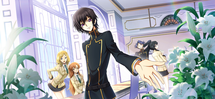 2boys 3girls arm_behind_head arm_up artist_request belt black_hair black_jacket black_skirt blonde_hair blue_eyes blue_hair blurry blurry_foreground braid breasts buttons chair closed_mouth code_geass code_geass:_lost_stories collared_shirt day double-breasted dutch_angle flower game_cg glasses gold_trim green_necktie grin hair_between_eyes hair_flaps hair_intakes hand_on_own_hip hand_up happy highres indoors jacket kneehighs layered_sleeves leaning_forward lelouch_vi_britannia light_rays lily_(flower) long_hair long_sleeves looking_at_viewer looking_back male_focus medium_breasts milly_ashford miniskirt multiple_boys multiple_girls necktie nina_einstein non-web_source official_art one_eye_closed open_mouth orange_hair parted_bangs parted_lips purple_eyes reaching reaching_towards_viewer rivalz_cardemonde round_eyewear school_uniform shirley_fenette shirt short_hair sidelocks sitting skirt smile socks solo_focus sparkle standing table teeth twin_braids upper_body white_shirt white_socks window yellow_eyes yellow_jacket