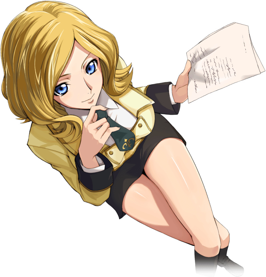 1girl artist_request black_footwear black_skirt black_socks blonde_hair blue_eyes breasts buttons closed_mouth code_geass code_geass:_lost_stories collared_shirt crossed_legs double-breasted from_above game_cg green_necktie hand_on_own_chin hands_up happy holding holding_paper invisible_chair jacket kneehighs layered_sleeves long_sleeves looking_at_viewer looking_up medium_breasts medium_hair milly_ashford miniskirt necktie non-web_source official_art paper pencil_skirt school_uniform shiny_skin shirt shoes sidelocks simple_background sitting skirt smile socks solo stroking_own_chin thighs transparent_background v-shaped_eyebrows white_shirt yellow_jacket