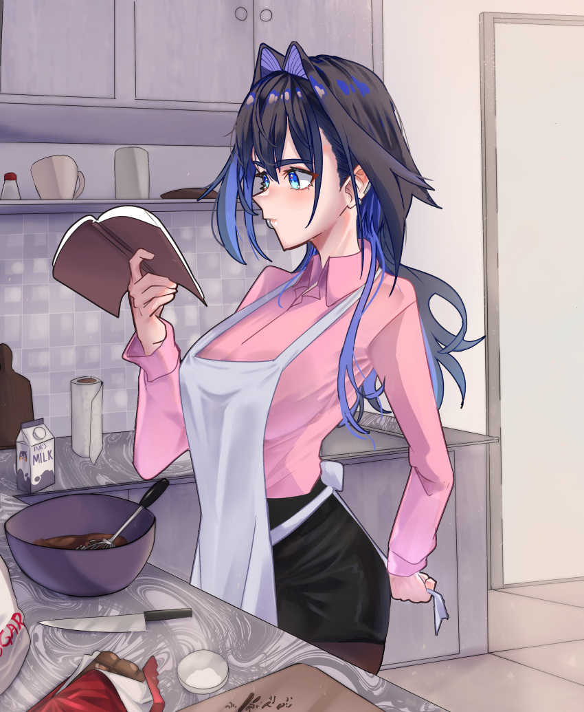 1girl absurdres adjusting_apron apron backpack bag black_hair black_skirt blue_eyes blue_hair book bowl cabinet chocolate_making hair_intakes highres holding holding_book hololive hololive_english kitchen kitchen_knife koizumi_arata long_hair milk_carton ouro_kronii pink_shirt reading shirt skirt solo virtual_youtuber white_apron