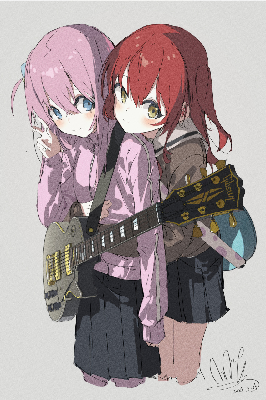2girls absurdres bent_v black_skirt blue_eyes blush bocchi_the_rock! closed_mouth dated gotoh_hitori guitar hair_between_eyes highres hug hug_from_behind instrument jacket kita_ikuyo long_hair long_sleeves multiple_girls one_side_up pink_hair pink_jacket pleated_skirt qtian red_hair signature simple_background skirt smile standing yellow_eyes