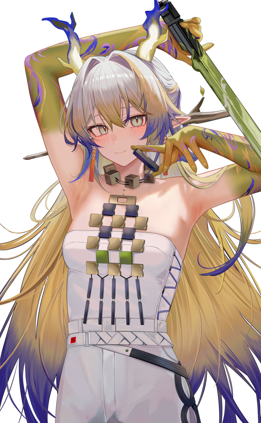 1girl absurdres aqua_eyes arknights arm_up armpits blonde_hair blue_hair breasts closed_mouth colored_skin dragon_girl dragon_horns dragon_tail earrings eyeliner gradient_hair gradient_skin hair_intakes hair_ornament hair_stick highres horns jewelry long_hair looking_at_viewer makeup multicolored_hair necklace pants pointy_ears red_eyeliner ru_zhai shirt shu_(arknights) simple_background slit_pupils small_breasts smile solo strapless strapless_shirt tail tassel tassel_earrings upper_body white_background white_hair white_pants yellow_skin