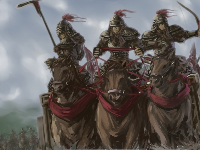 6+boys armor blue_sky bow_(weapon) brown_horse chariot china chinese_empire dagger_axe faceless faceless_male flag full_armor helmet holding holding_polearm holding_reins holding_weapon horse military mud multiple_boys original plume polearm reins scar sky spring_and_autumn tomw war weapon