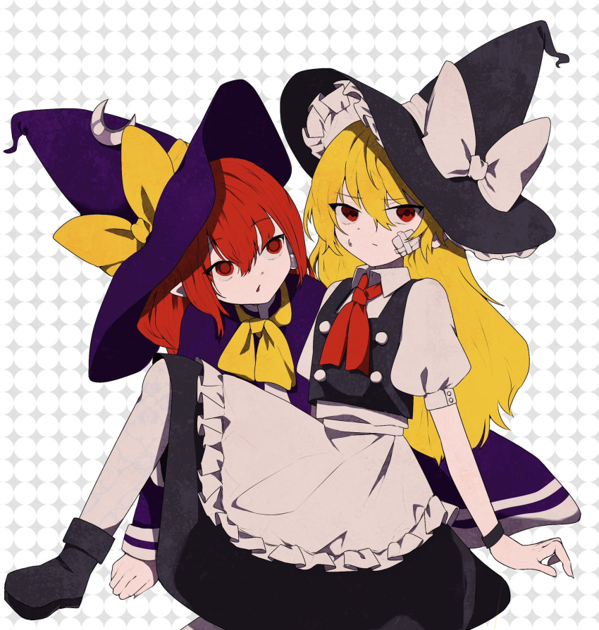 2girls apron black_footwear black_headwear black_skirt black_vest blonde_hair bow bowtie buttons closed_mouth crescent crescent_hat_ornament double-breasted dress dual_persona frilled_apron frilled_hat frills gauze_on_cheek hat hat_bow hat_ornament highres kimi_ni_kimeta_(kub153808) kirisame_marisa kirisame_marisa_(pc-98) knee_up long_hair long_sleeves looking_at_viewer multiple_girls neck_ribbon pointy_ears puffy_short_sleeves puffy_sleeves purple_dress purple_headwear red_eyes red_hair red_ribbon ribbon shoes short_sleeves sitting skirt touhou touhou_(pc-98) vest waist_apron white_apron white_bow witch witch_hat yellow_bow yellow_bowtie