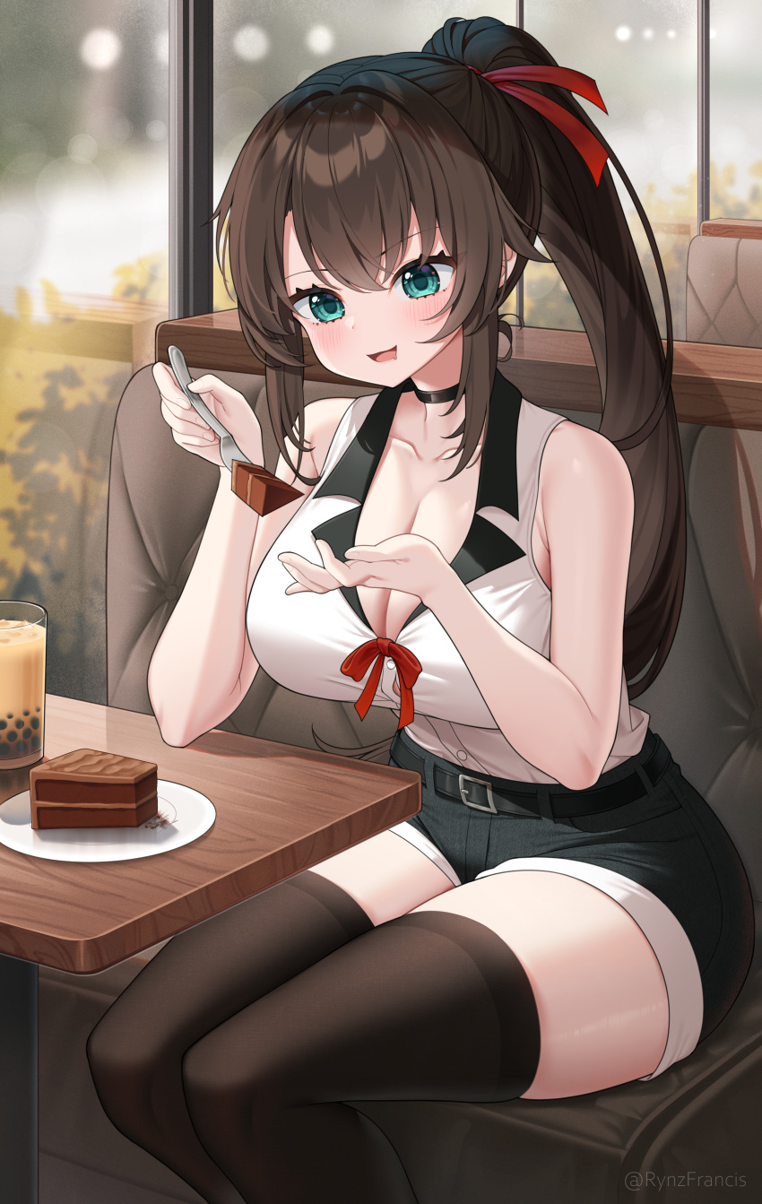 1girl absurdres belt black_collar black_shorts black_thighhighs blue_eyes blush breasts brown_hair bubble_tea cake cake_slice candle cleavage collar collarbone commission female_commander_(girls'_frontline) food fork girls'_frontline hands_up highres holding holding_fork indoors large_breasts long_hair looking_at_food open_mouth original ponytail red_ribbon ribbon rynzfrancis shirt shirt_tucked_in short_shorts shorts sidelocks sitting sleeveless sleeveless_shirt solo termichan_(not-a-bot) thighhighs twitter_username white_shirt