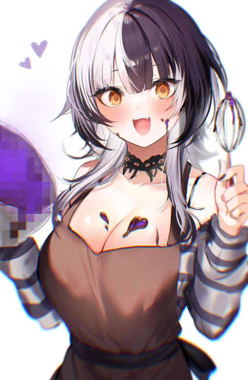 1girl apron bad_food black_hair blush breasts censored censored_food cleavage grey_hair highres hololive hololive_english large_breasts looking_at_viewer maru_ccy mosaic_censoring multicolored_hair open_mouth shiori_novella smile solo split-color_hair teeth two-tone_hair upper_teeth_only virtual_youtuber whisk yellow_eyes