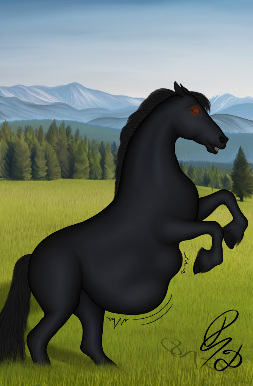 belly big_belly black_body black_fur bulge detailed_bulge dragonczech equid equine feral fur hi_res hooves horse human human_prey male male_pred mammal mane nature pose red_eyes standing_on_hind_legs struggling struggling_prey unseen_prey vore