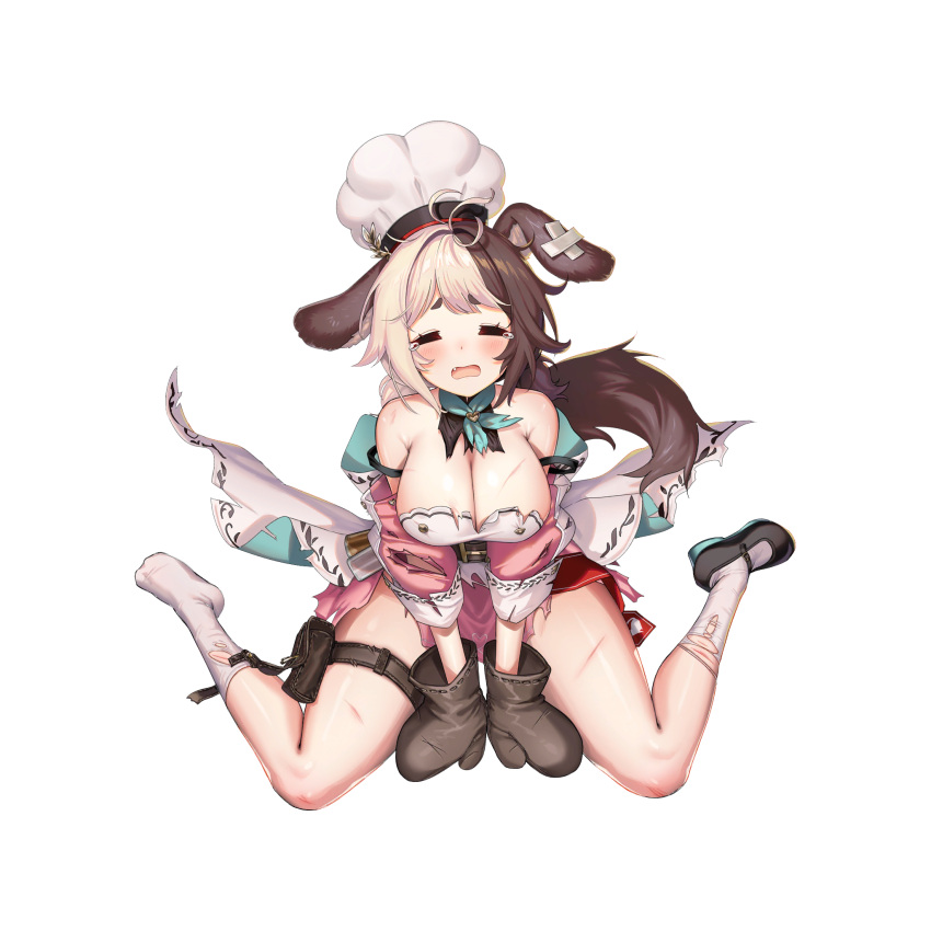 1girl animal_ear_fluff animal_ears ankle_socks apron back_bow bandaid_on_ear bare_shoulders belt black_belt black_footwear blush bow breasts brown_hair chef_hat chocolate chocolate_on_body chocolate_on_breasts chocolate_on_head chocolate_on_legs closed_eyes crossed_bandaids cuts dispenser dog_ears dog_girl dog_tail dress fang food_on_body full_body green_neckerchief grey_hair hachiko_of_castling hat heart highres huge_bow injury large_breasts last_origin low_twintails mary_janes mel_(dodosae) mint mint_chocolate multicolored_hair neckerchief off-shoulder_dress off_shoulder official_alternate_costume official_art open_mouth oven_mitts pink_dress puffy_sleeves shoes short_twintails sidelocks simple_background single_shoe sitting socks solo spice split-color_hair tachi-e tail tearing_up thick_thighs thigh_belt thigh_pouch thigh_strap thighs third-party_source tongue torn_apron torn_bow torn_clothes torn_dress torn_neckerchief torn_sleeves torn_socks transparent_background twintails two-tone_hair valentine wariza white_apron white_bow white_headwear white_socks
