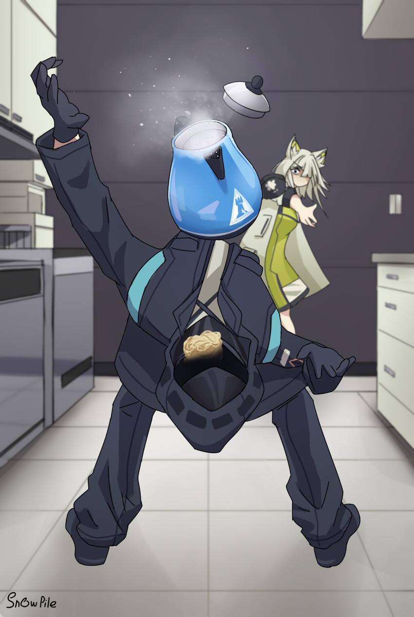 1boy 1girl absurdres animal_ear_fluff animal_ears arknights black_gloves cat_ears cat_girl doctor_(arknights) gloves highres instant_noodle_block just_found_one_of_the_craziest_stock_pics_ever_(meme) kal'tsit_(arknights) kettle kitchen male_doctor_(arknights) meme oven pileofsnow rhodes_island_logo_(arknights) signature