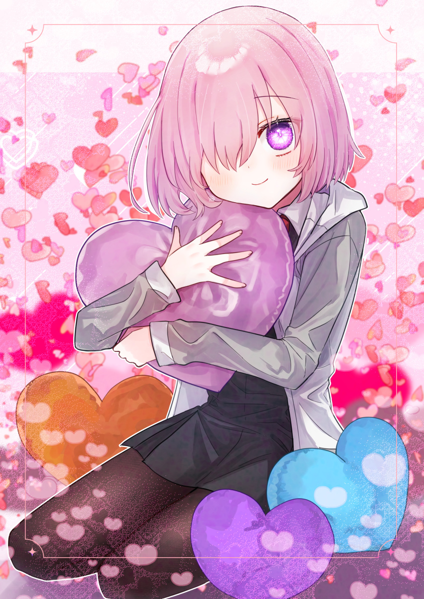 1girl absurdres black_dress blush brown_pantyhose closed_mouth commentary_request dress fate/grand_order fate_(series) grey_jacket hair_over_one_eye harukappa heart heart-shaped_pillow highres hood hood_down hooded_jacket hugging_object jacket long_sleeves looking_at_viewer mash_kyrielight multicolored_clothes multicolored_jacket one_eye_covered open_clothes open_jacket pantyhose pillow pillow_hug pink_hair purple_eyes short_hair sitting smile solo two-tone_jacket white_jacket