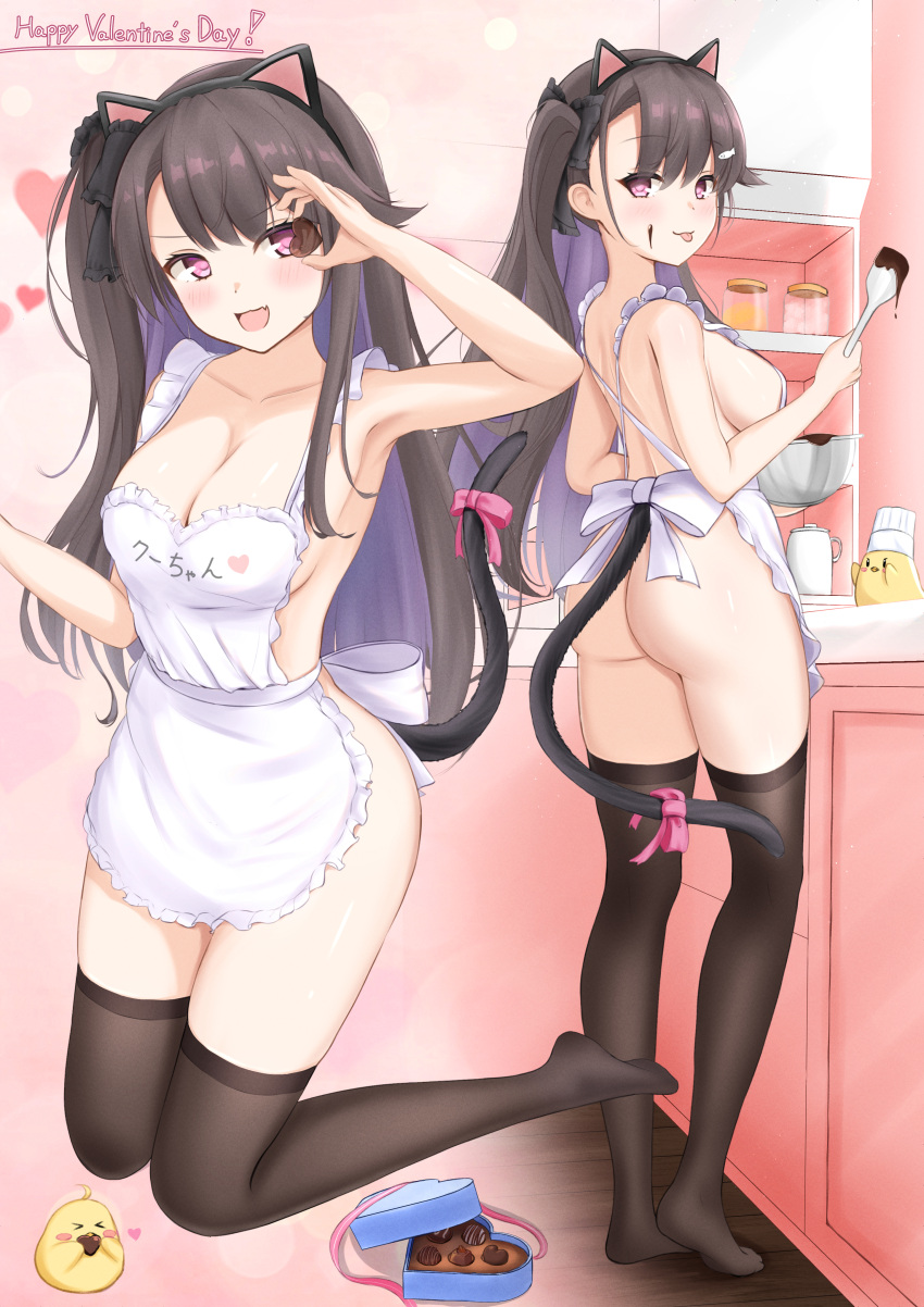 1girl :3 :p absurdres alternate_costume animal_ears apron armpits ass azur_lane black_thighhighs brown_hair candy cat_ears cat_tail chocolate fake_animal_ears food from_behind hand_up heart heart-shaped_chocolate highres holding holding_chocolate holding_food kneeling long_hair looking_at_viewer manjuu_(azur_lane) multiple_views naked_apron no_shoes one_side_up paashe pamiat_merkuria_(azur_lane) sidelocks tail thighhighs tongue tongue_out valentine white_apron