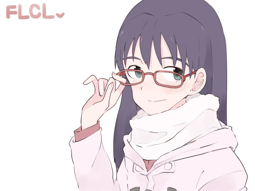 1girl blush closed_mouth copyright_name flcl glasses long_hair looking_at_viewer ninamori_eri purple_hair scarf simple_background smile solo white_background