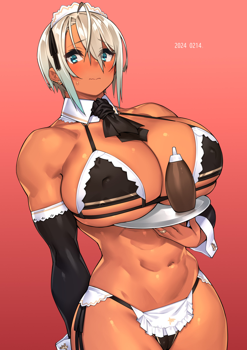 23_(real_xxiii) abs absurdres bikini blue_eyes breasts choker cross cross_choker dark-skinned_female dark_skin detached_sleeves highres huge_breasts jewelry maid maid_bikini muscular muscular_female obliques original pink_background ring sela_(23) short_hair swimsuit toned unconventional_maid white_hair wrist_cuffs