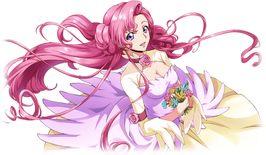 1girl armband artist_request blue_flower breasts cleavage cleavage_cutout clothing_cutout code_geass code_geass:_lost_stories dress earrings euphemia_li_britannia flower from_above game_cg happy highres holding holding_flower jewelry long_dress long_hair long_sleeves looking_at_viewer medium_breasts neck_flower non-web_source official_art open_mouth orange_flower own_hands_together pink_dress pink_flower pink_hair pink_rose purple_eyes red_flower rose sidelocks simple_background smile solo standing transparent_background two-tone_dress very_long_hair wide_sleeves wind