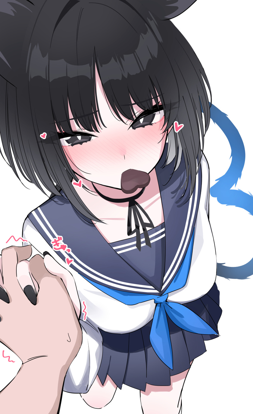 1girl 1other absurdres animal_ears black_eyes black_hair black_nails black_sailor_collar black_skirt blue_archive blue_neckerchief blush candy cat_ears cat_tail chocolate fingernails food heart heart-shaped_chocolate highres ichiki_1 kikyou_(blue_archive) long_sleeves looking_at_viewer multiple_tails nail_polish neckerchief pleated_skirt sailor_collar school_uniform serafuku short_hair simple_background skirt tail two_tails white_background