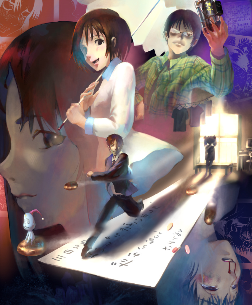 2boys 3girls absurdres backlighting belt bench black_belt black_necktie blood blood_on_face blue_jacket blue_pants breasts bruise bullet chair character_request clothes_hanger clothesline collage commentary computer cropped_torso curtains desk dress everyone glasses gokou_ruri green_shirt hair_bobbles hair_ornament hat highres hikikomori_alien holding holding_umbrella injury jacket kashiwa_hitomi kidou_senkan_nadesico kozuehikaru laundry looking_at_viewer looking_down looking_to_the_side multiple_boys multiple_girls nakahara_misaki necktie nhk_ni_youkoso! nightcap nosebleed opaque_glasses pants parasol partially_opaque_glasses pill plaid plaid_shirt projectile_trail rimless_eyewear round_eyewear running satou_tatsuhiro scroll shadow shirt small_breasts smile standing suit_jacket t-shirt twintails umbrella underlighting upside-down white_dress white_shirt wind wind_lift window wire yamazaki_kaoru
