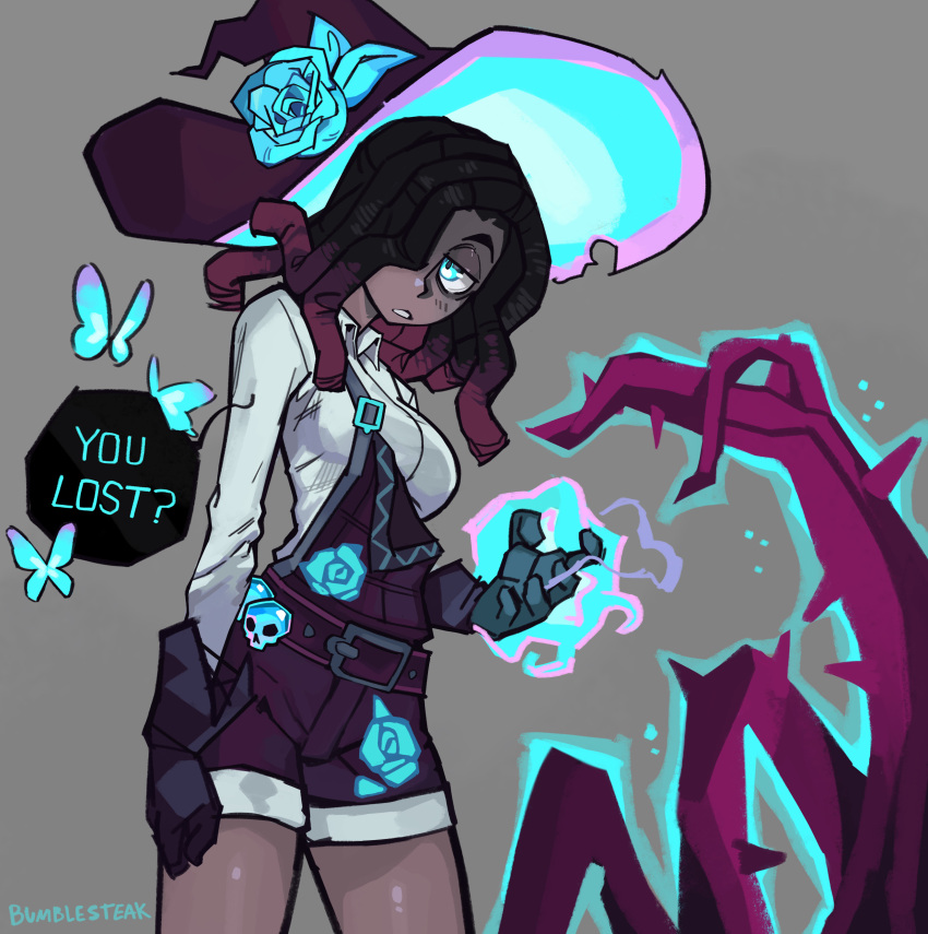 1girl absurdres artist_name black_hair blush breasts bumblesteak dark-skinned_female dark_skin english_commentary english_text green_eyes grey_background highres leandra_(bumblesteak) long_hair looking_at_viewer necromancer nose open_mouth original plant simple_background solo vines witch