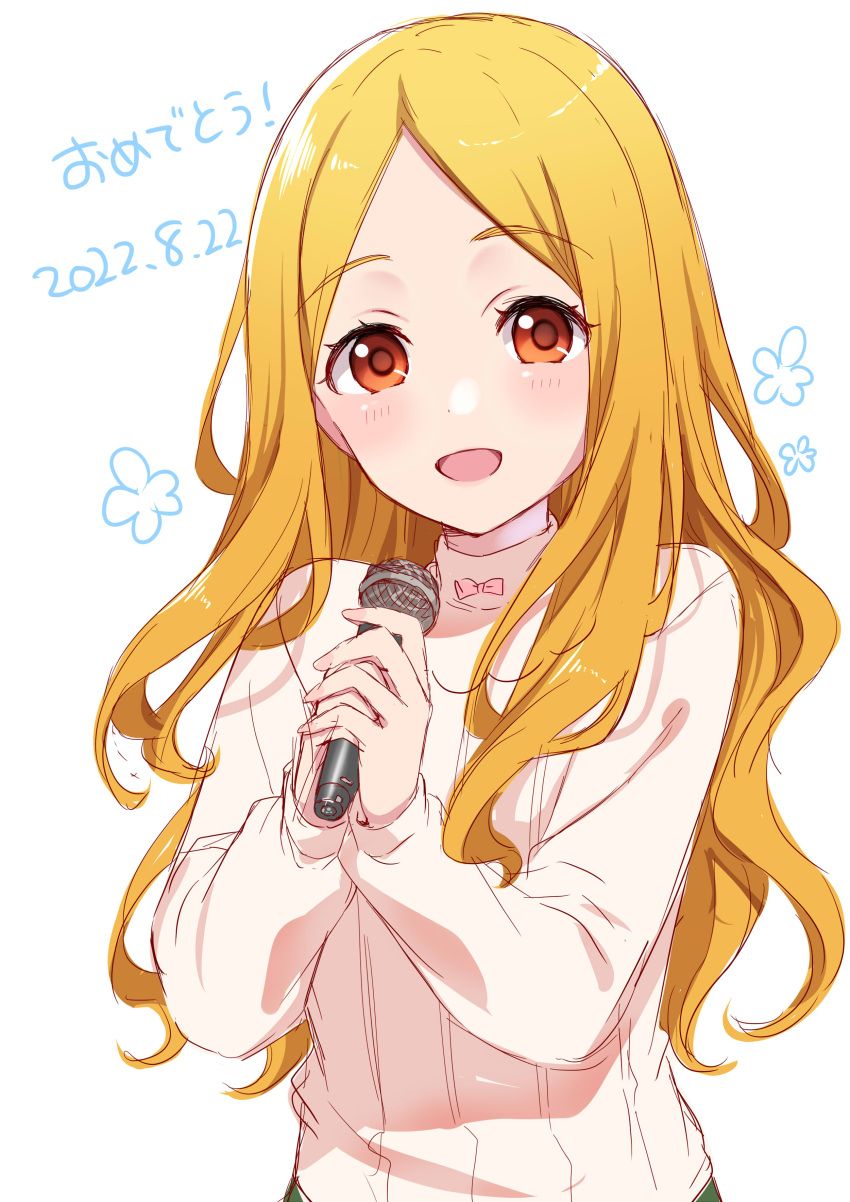 1girl absurdres blonde_hair blush breasts dated dot_nose hands_up happy highres holding holding_microphone idolmaster idolmaster_cinderella_girls idolmaster_cinderella_girls_starlight_stage long_hair long_sleeves looking_at_viewer medium_breasts microphone mochizuki_hijiri open_mouth parted_bangs red_eyes shirt simple_background smile solo tottoto_tomekichi upper_body white_background white_shirt