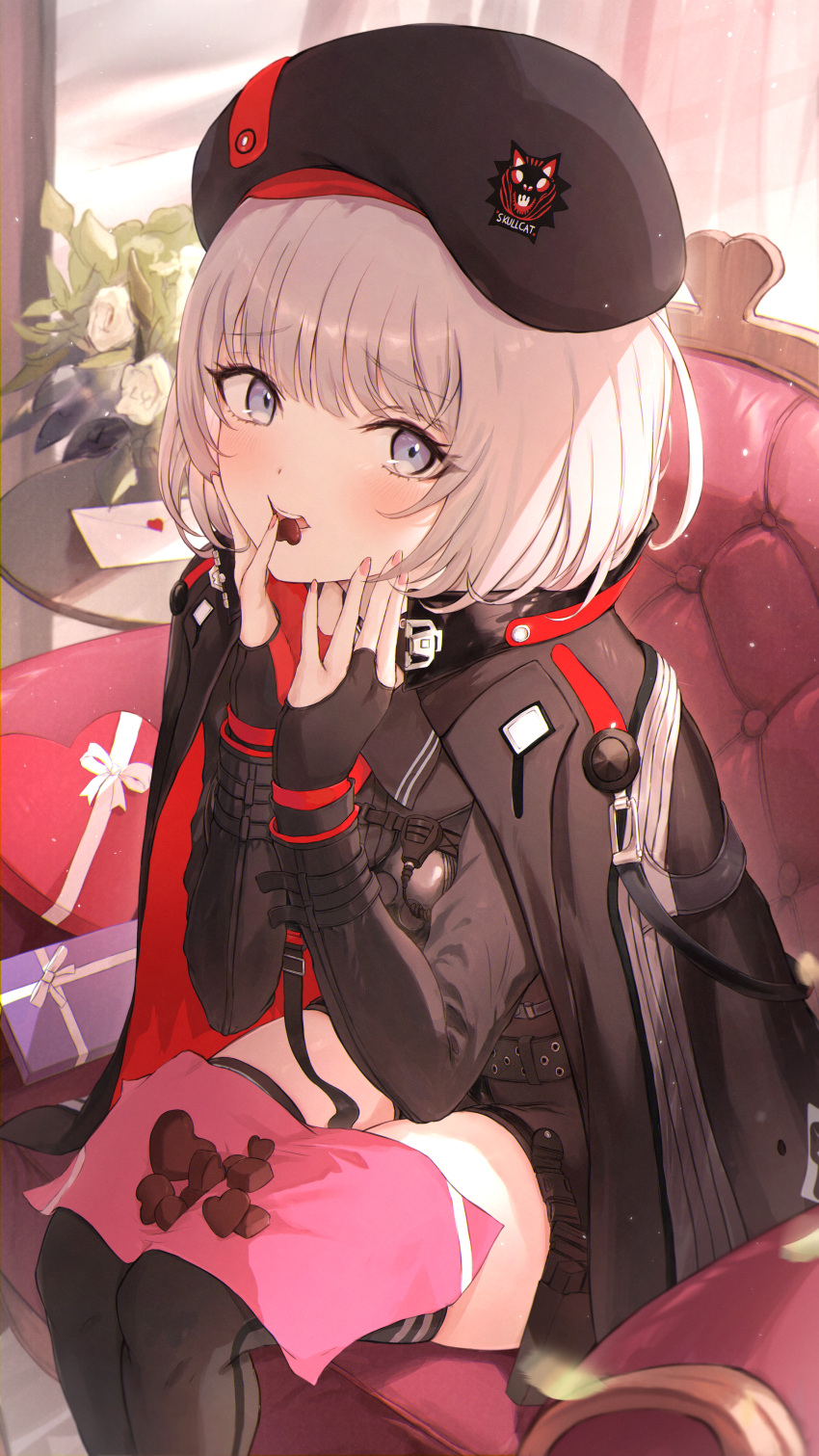 1boy 1girl absurdres black_gloves black_headwear black_thighhighs blush candy chocolate fingerless_gloves food food_in_mouth gloves goddess_of_victory:_nikke grey_eyes grey_hair hat heart heart-shaped_chocolate highres indoors long_sleeves medium_hair military_uniform napkin on_chair open_mouth plant potted_plant sitting solo teeth thighhighs uniform valentine vesti_(nikke) yoyopipa