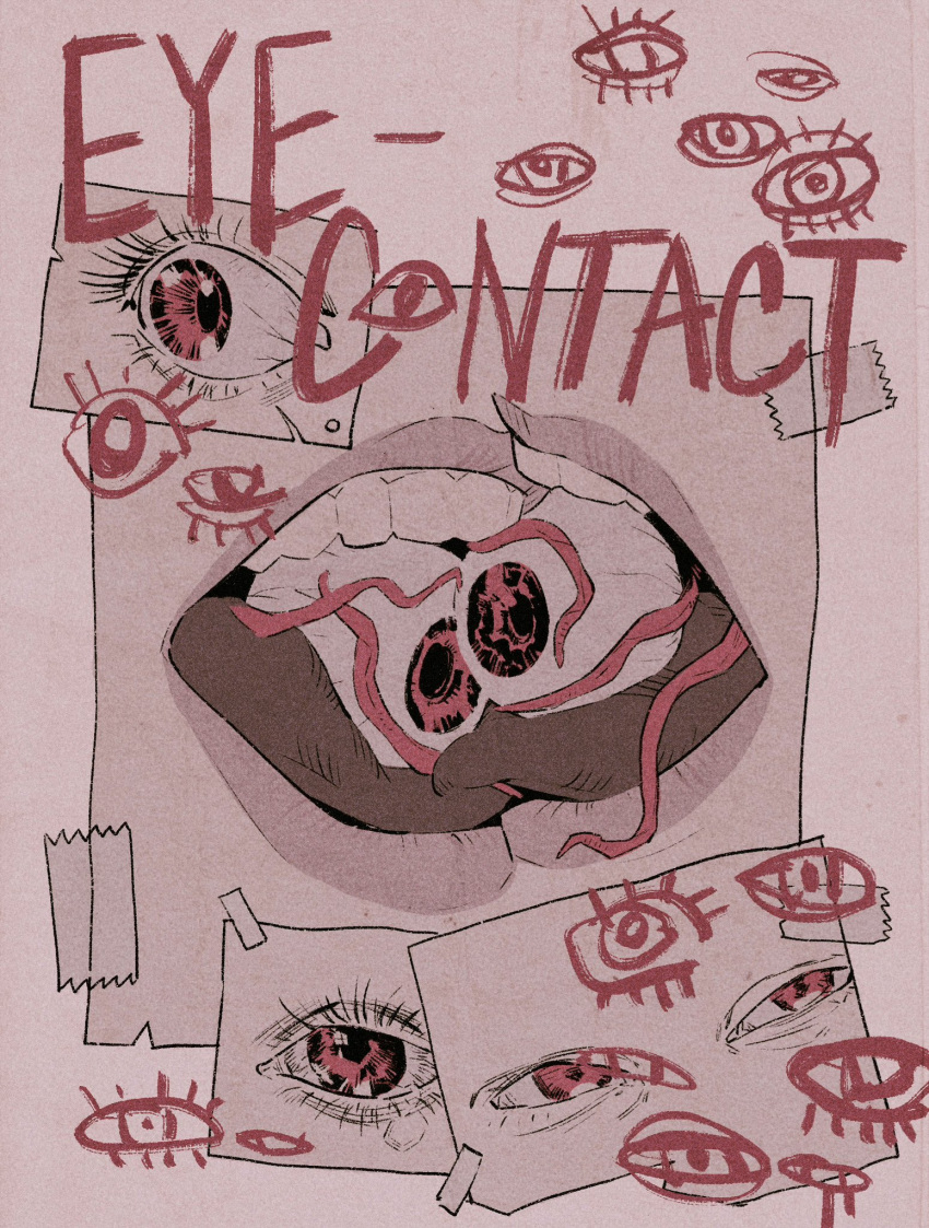 277534776 body_horror chewing drawing english_text eye_focus eye_symbol eyeball eyelashes highres poster_(medium) scp-7932 scp_foundation tape teeth tendril tongue