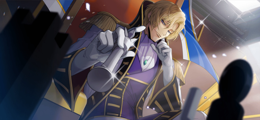 1boy artist_request ascot blonde_hair blurry blurry_foreground chess_piece closed_mouth coat code_geass code_geass:_lost_stories dutch_angle epaulettes game_cg gem gloves green_gemstone grey_eyes half-closed_eyes hand_on_own_face hands_up happy high_collar highres holding_chess_piece indoors jacket king_(chess) long_sleeves looking_at_viewer male_focus non-web_source official_art on_chair open_clothes open_coat playing_games purple_jacket schneizel_el_britannia short_hair sidelocks sitting smile solo sparkle upper_body white_ascot white_coat white_gloves