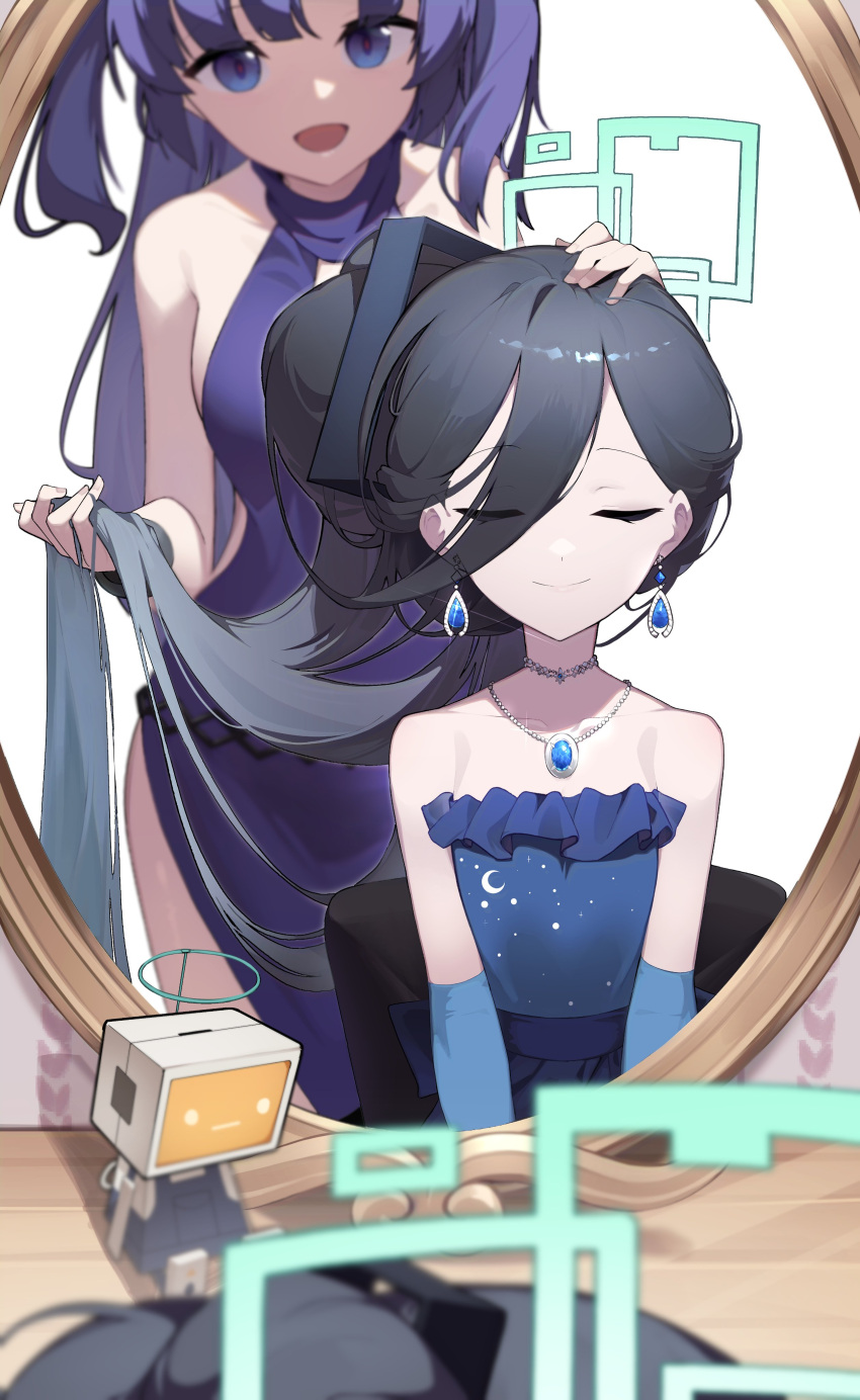 absurdres aris_(blue_archive) black_hair blue_archive blue_eyes choker closed_eyes earrings hand_on_another's_head highres holding holding_hair jewelry mirror_image n_sol necklace purple_hair yuuka_(blue_archive)