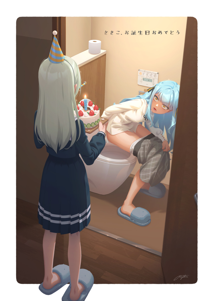 2girls bang_dream! birthday_cake black_shirt black_skirt blonde_hair blue_hair border cake character_request constricted_pupils food full_body hair_ribbon highres holding holding_tray indoors long_hair long_sleeves looking_at_another multiple_girls no_socks on_toilet orange_eyes outside_border pleated_skirt regition ribbon shirt skirt skirt_set slippers standing togawa_sakiko toilet toilet_paper translation_request tray white_border white_shirt