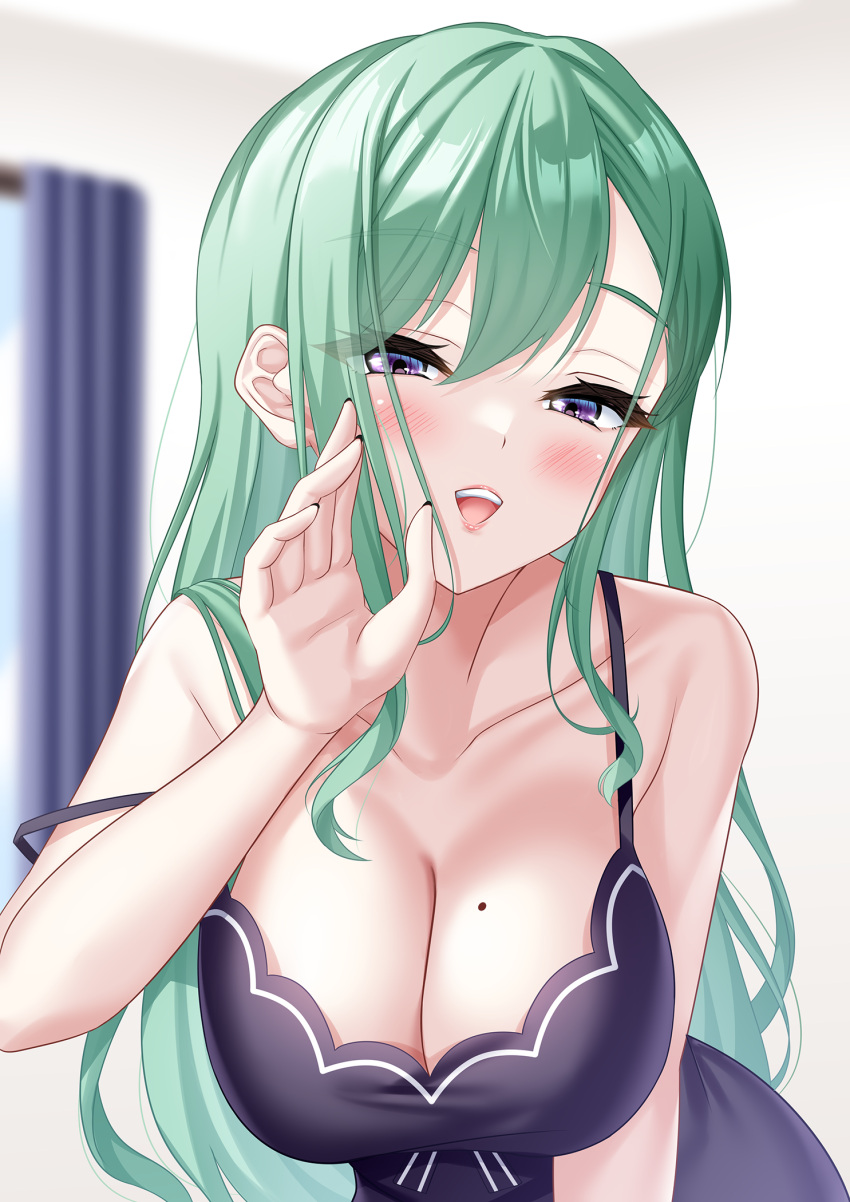 1girl bare_shoulders black_nails breasts cleavage collarbone curtains green_hair half-closed_eyes highres hisame_shiki indoors large_breasts leaning_forward looking_at_viewer mole mole_on_breast nightgown purple_eyes purple_nightgown solo strap_slip swept_bangs virtual_youtuber vspo! whispering yakumo_beni