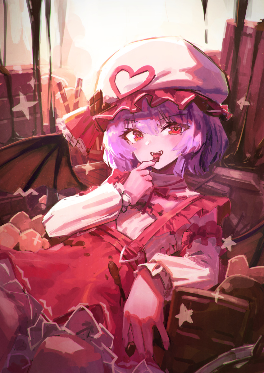 1girl absurdres bat_wings brown_wings chocolate fingernails hair_between_eyes hat highres long_sleeves looking_at_viewer mob_cap nail_polish nepperoni open_mouth pink_shirt purple_hair red_eyes red_nails red_skirt remilia_scarlet shirt short_hair skirt smile solo tongue tongue_out touhou valentine white_headwear wings