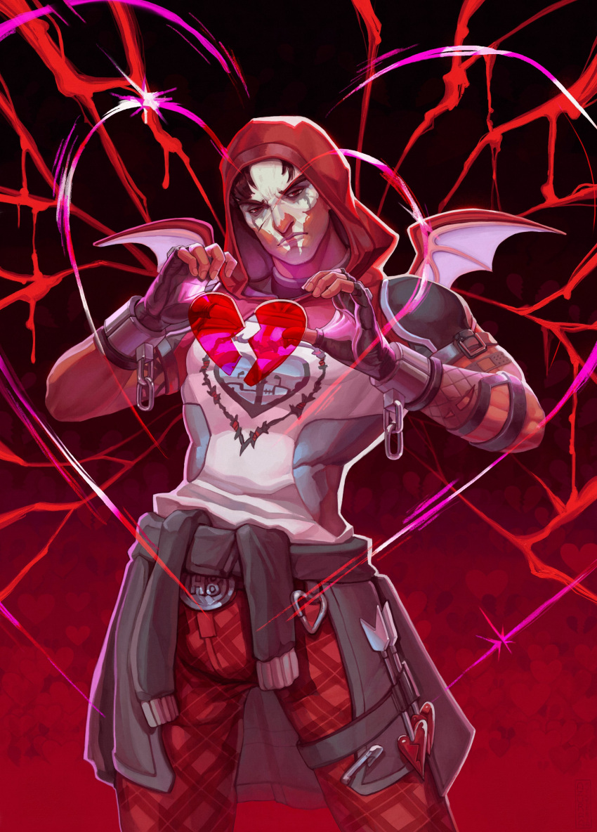 1boy absurdres azurramysteria broken_heart closed_mouth cuffs dark-skinned_male dark_skin demon_wings facepaint fingerless_gloves gloves handcuffs heart highres looking_at_viewer male_focus official_alternate_costume open_hands overwatch overwatch_1 overwatch_2 pants reaper_(overwatch) red_hood red_pants shirt solo valentine wings