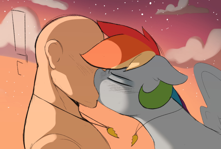 absurd_res bestiality blush duo equid equine exclamation_point eyebrows eyes_closed faceless_character faceless_male female feral friendship_is_magic hair hasbro hi_res human human_on_feral interspecies kissing male mammal multicolored_hair my_little_pony outside pegasus rainbow_dash_(mlp) rainbow_hair welost wings