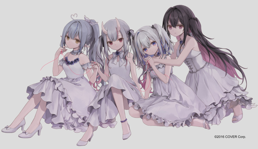 4girls 888myrrh888 ahoge amane_kanata azki_(hololive) bare_arms bare_shoulders black_hair blue_eyes blue_hair braid brown_eyes commentary_request dokuzu_(vocaloid) dress frilled_dress frills grey_background grey_hair hair_between_eyes hair_ribbon heart heart_ahoge high_heels highres hololive knees_up multicolored_hair multiple_girls nakiri_ayame official_art pink_hair pointy_ears purple_eyes red_eyes ribbon shoes simple_background sitting sleeveless sleeveless_dress streaked_hair twintails two-tone_hair two_side_up virtual_youtuber white_dress white_footwear white_ribbon yukihana_lamy