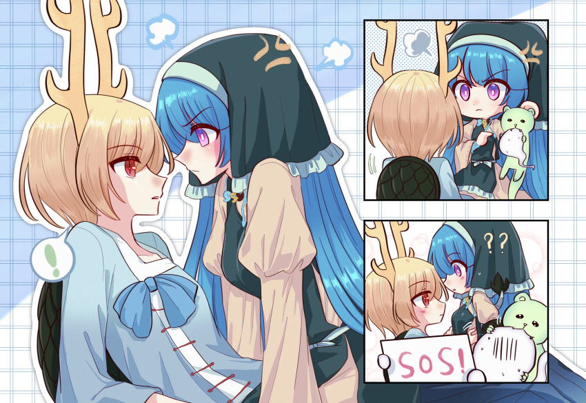 ! 2girls ? ?? absurdres anger_vein antlers apron aqua_apron aqua_headwear blue_bow blue_hair blue_shirt blush boringmask bow breasts chinese_commentary closed_mouth commentary_request dress frilled_apron frills frown haniyasushin_keiki head_scarf highres horns jewelry juliet_sleeves kicchou_yachie long_hair long_sleeves magatama magatama_necklace multiple_girls necklace open_mouth otter_spirit_(touhou) puffy_sleeves purple_eyes shirt short_hair slit_pupils small_breasts sos spoken_exclamation_mark sweat touhou turtle_shell v-shaped_eyebrows yellow_dress