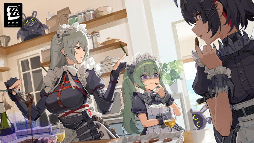 3girls alexandrina_sebastiane apron bangboo_(zenless_zone_zero) belt black_belt black_dress black_hair bow bowl bowtie breasts chocolate commentary corin_wickes cupping_glass dark_skin dress ellen_joe frilled_apron frills green_hair grey_hair hair_between_eyes highres holding holding_whisk index_finger_raised juliet_sleeves large_breasts long_hair long_sleeves maid maid_apron maid_headdress mole mole_under_eye multiple_girls official_art parted_lips puffy_short_sleeves puffy_sleeves purple_eyes red_eyes short_sleeves smile toaster_oven twintails wavy_mouth whisk white_apron white_bow white_bowtie wrist_cuffs zenless_zone_zero