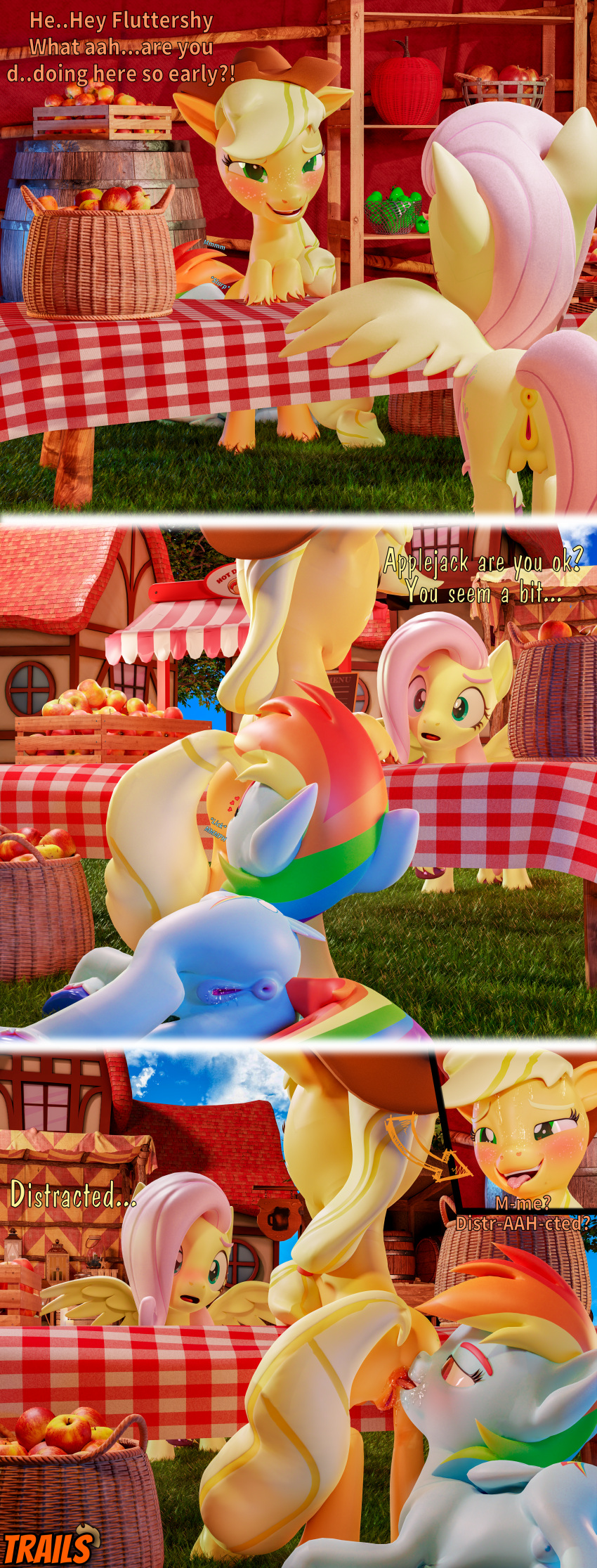 3d_(artwork) absurd_res anal anus apple applejack_(mlp) blonde_hair blue_body bodily_fluids butt comic dialogue digital_media_(artwork) english_text equid equine eyelashes feathers feral fluttershy_(mlp) food friendship_is_magic fruit genital_fluids genitals group hair hasbro hi_res huge_filesize mammal multicolored_hair my_little_pony oral outside pegasus pink_hair plant pussy rainbow_dash_(mlp) rainbow_hair rimming sex stealth_sex teats text trailssfm trio vaginal_fluids wings yellow_body yellow_feathers