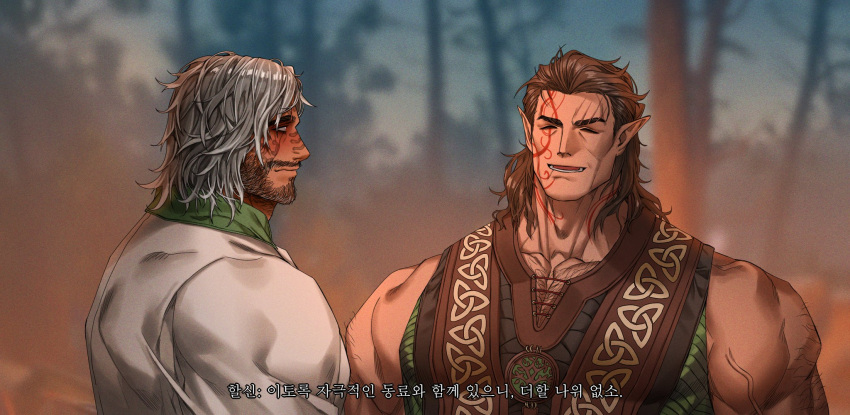 arm_hair baldur's_gate baldur's_gate_3 bara bare_shoulders beard_stubble blush broad_shoulders brown_hair chest_hair_peek dark-skinned_male dark_skin dobek_k dungeons_and_dragons elf facial_hair forest grey_hair hairy halsin highres korean_commentary korean_text large_pectorals male_focus mature_male medium_hair muscular muscular_male mustache_stubble nature pectoral_cleavage pectorals pointy_ears smile streaked_beard stubble subtitled tav_(baldur's_gate_3) thick_eyebrows translation_request upper_body veins veiny_arms