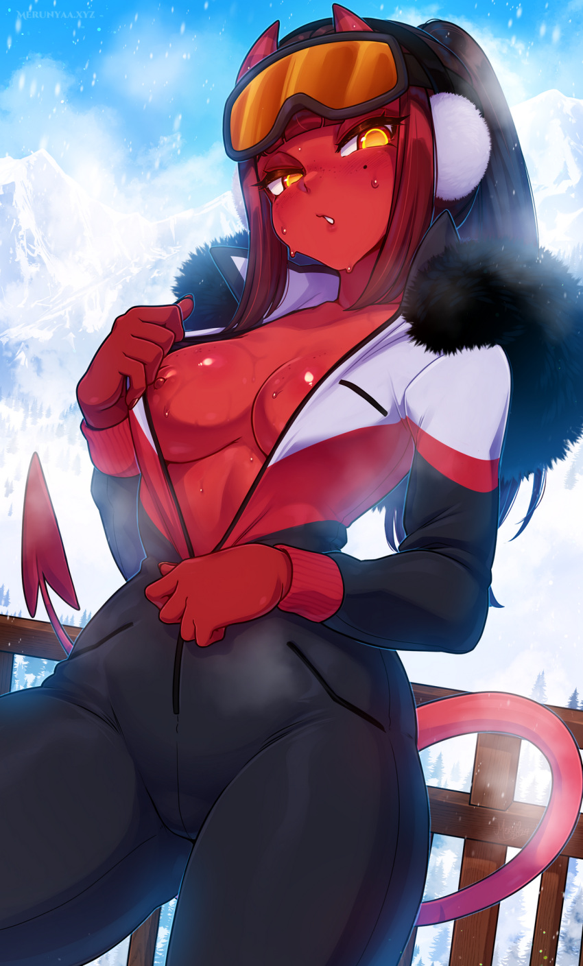 5_fingers areola biped breasts demon demon_humanoid female fingers hair hi_res horn horned_humanoid humanoid meru_(merunyaa) merunyaa nipples not_furry red_body red_skin solo spade_tail tail tailed_humanoid