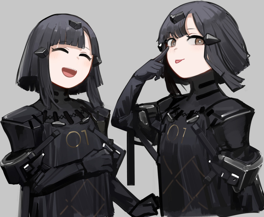 1girl anna_(girls'_frontline) black_dress black_hair brown_eyes closed_eyes dress girls'_frontline hair_ornament highres multiple_views nyto_(girls'_frontline) open_mouth rampart1028 short_hair smile teeth tongue tongue_out upper_body upper_teeth_only