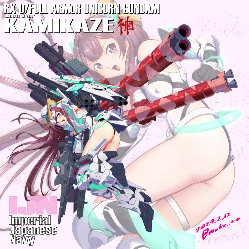 1girl angela_balzac angela_balzac_(cosplay) ass bow commentary_request cosplay covered_nipples dated deva_battle_suit elbow_gloves full_body gloves gundam gundam_unicorn hair_bow highres kamikaze_(kancolle) kantai_collection leotard long_hair moke_ro purple_eyes purple_hair rakuen_tsuihou solo twitter_username unicorn_gundam unicorn_gundam_(cosplay) white_leotard yellow_bow zoom_layer