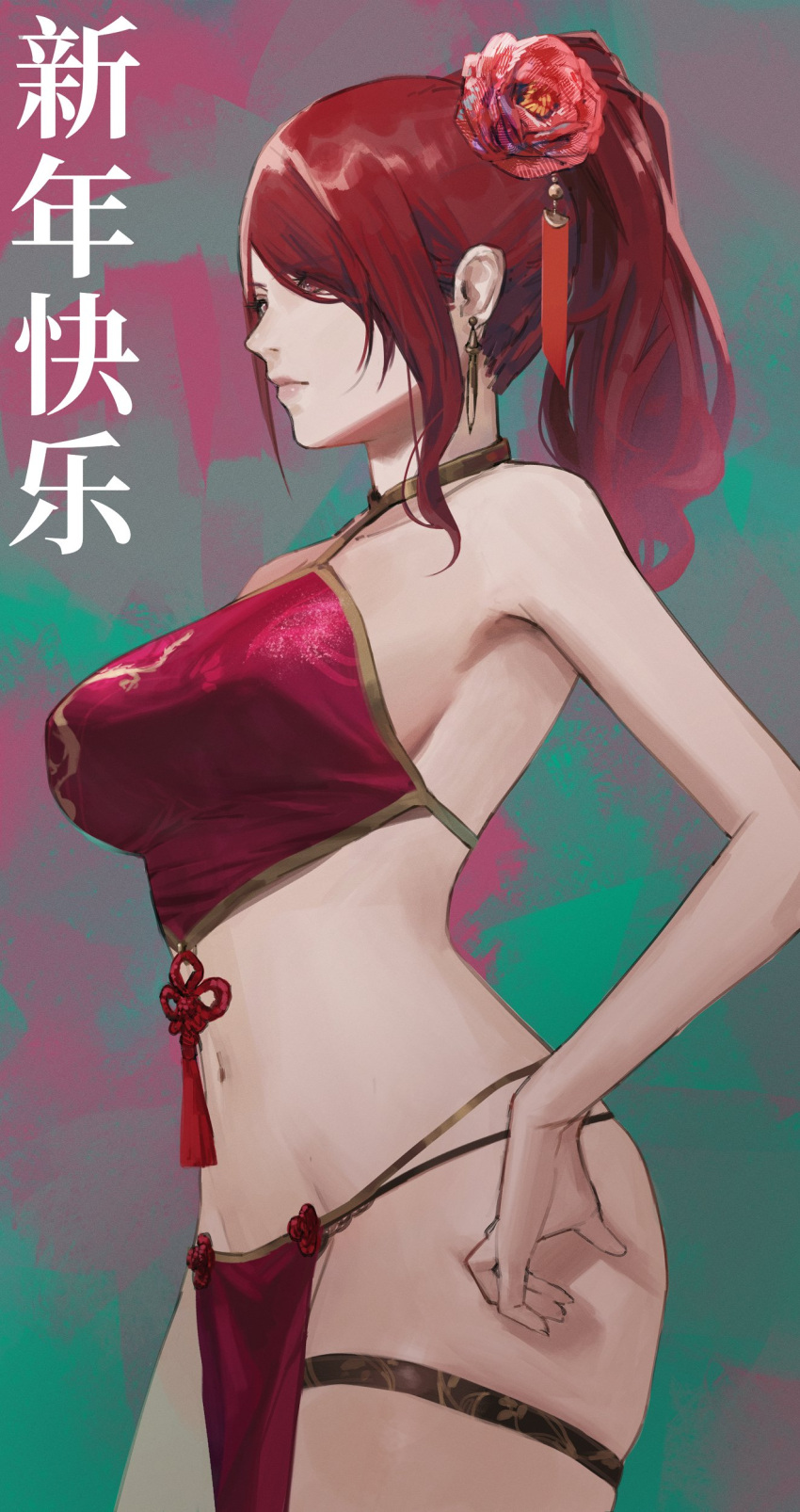 1girl absurdres alternate_costume breasts chinese_clothes closed_mouth earrings english_commentary flower from_side hair_flower hair_ornament hair_over_one_eye hand_on_own_hip highres j@ck jewelry kirijou_mitsuru large_breasts long_hair looking_ahead navel pelvic_curtain persona persona_3 ponytail red_eyes red_hair red_loincloth revealing_clothes simple_background solo tassel thigh_strap translation_request
