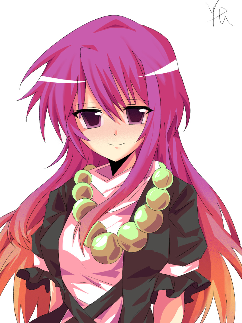 1girl bead_necklace beads black_jacket breasts chinese_commentary closed_mouth commentary_request frilled_sleeves frills gradient_hair highres hijiri_byakuren jacket jewelry long_hair looking_at_viewer medium_breasts medium_hair multicolored_hair necklace open_clothes open_jacket orange_hair pink_hair puffy_short_sleeves puffy_sleeves purple_eyes shirt short_sleeves signature simple_background smile solo touhou white_background white_shirt yuan_(yuan068533)