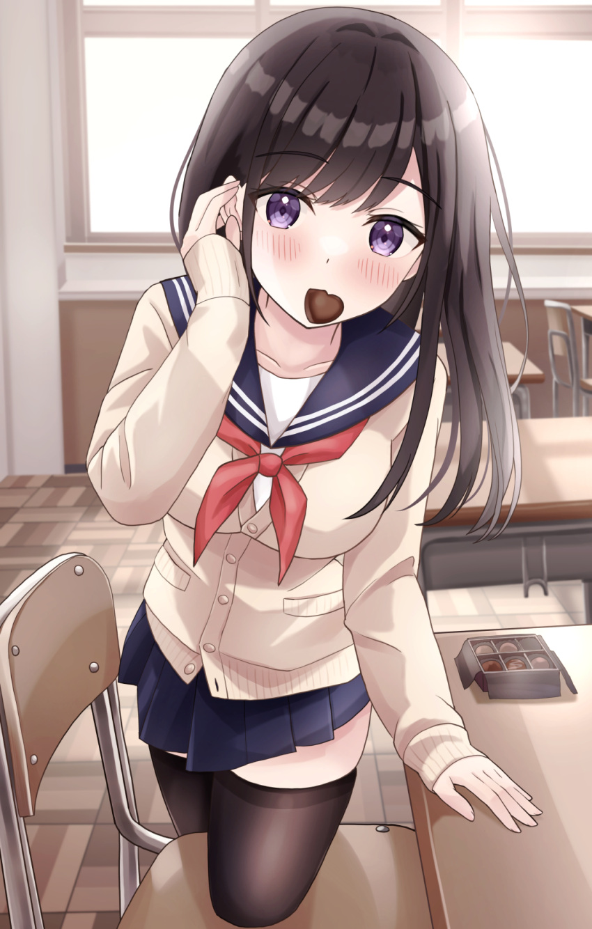 1girl black_hair black_thighhighs blue_sailor_collar blue_skirt blush breasts brown_cardigan candy cardigan chair chocolate commentary_request day desk food food_in_mouth fuyuno_tsubaki_(yukimaru217) hair_behind_ear hair_intakes hair_tucking hand_up heart heart-shaped_chocolate highres indoors long_hair long_sleeves looking_at_viewer medium_breasts mouth_hold neckerchief original pleated_skirt purple_eyes red_neckerchief sailor_collar school_chair school_desk school_uniform serafuku shirt skirt sleeves_past_wrists solo sunlight thighhighs valentine white_shirt window wooden_floor yukimaru217