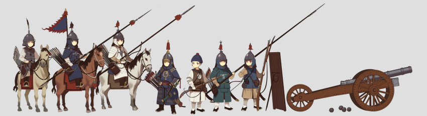 6+girls antique_firearm armor arrow_(projectile) bag bow_(weapon) cannon cannonball chinese_armor chinese_empire fangdan_runiu firelock full_armor gun hat_tassel helmet highres holding holding_polearm holding_weapon horseback_riding jitome lamellar_armor matchlock multiple_girls original polearm quiver riding saber_(weapon) saddle_blanket shield shoulder_bag spear stirrups_(riding) sword tassel weapon