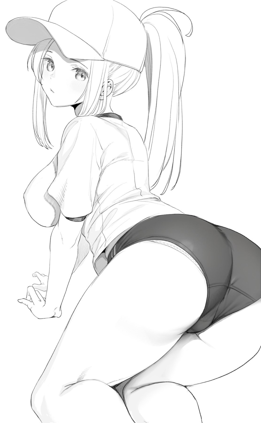 1girl all_fours arm_support ass ass_focus baseball_cap breasts expressionless feet_out_of_frame from_behind greyscale half_updo hat highres large_breasts legs_together long_hair looking_at_viewer looking_back monochrome nyatabe original panties panties_under_shorts parted_lips ponytail shirt short_shorts short_sleeves shorts sidelocks solo thick_thighs thighs underwear