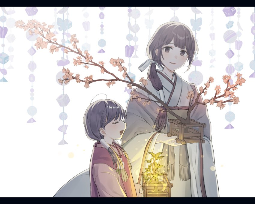 2girls blush box brown_eyes brown_hair child closed_eyes clothing_request glowing hair_over_shoulder highres hinamatsuri holding holding_box japanese_clothes kimono low_twintails mkt_ocha multiple_girls open_mouth original plant ponytail single_hair_tube smile tree twintails