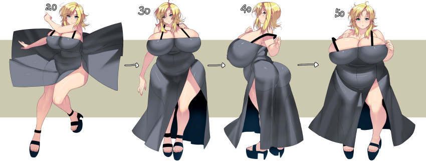 1girl absurdres alternate_breast_size ass aya_brea blonde_hair breasts cleavage closed_mouth curvy dress highres huge_breasts kouno_(masao) long_hair looking_at_viewer parasite_eve plump solo thick_thighs thighs wide_hips