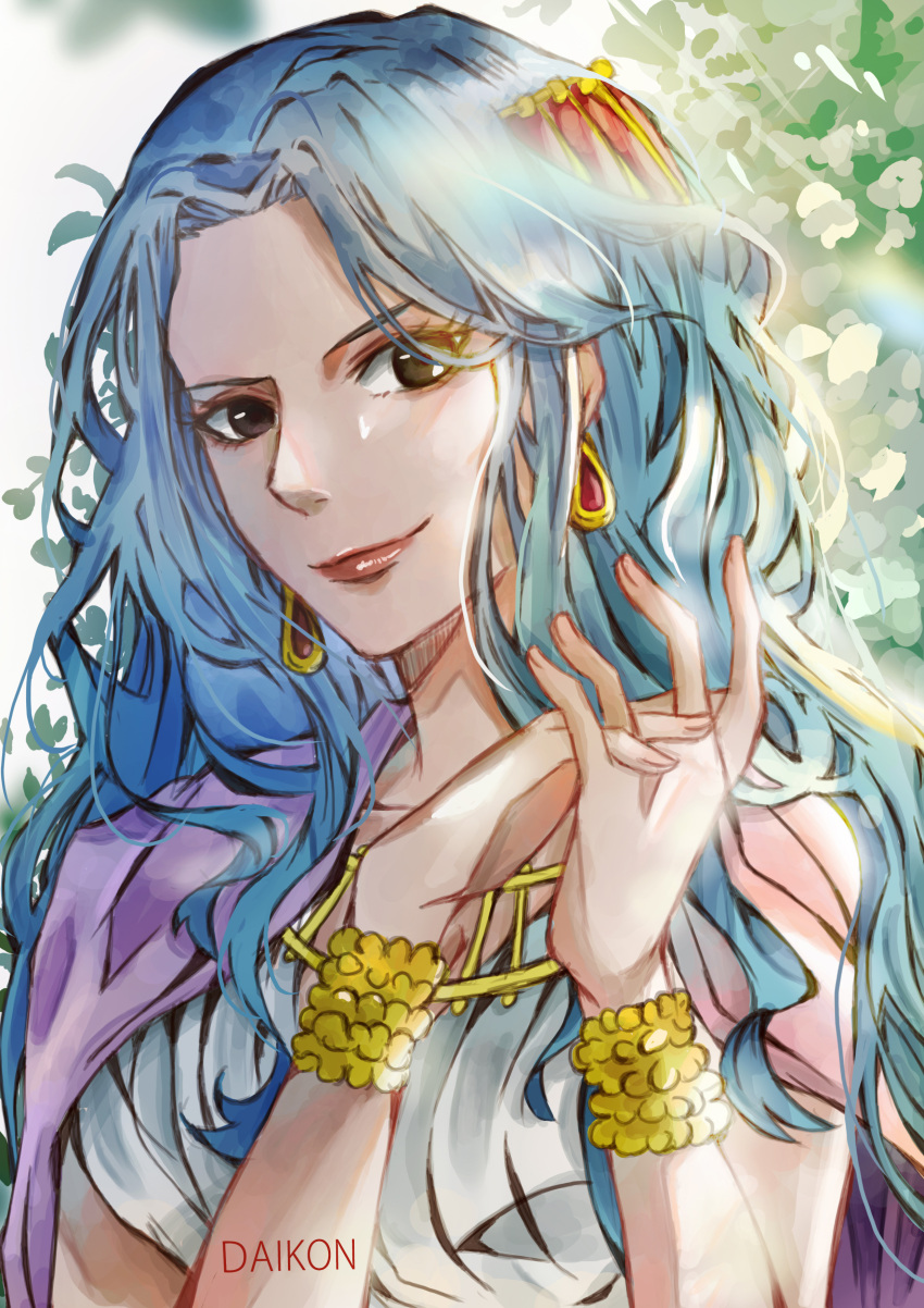 1girl absurdres artist_name blue_hair bracelet brown_eyes cape close-up daikon_illustrations dress earrings english_commentary highres jewelry long_hair looking_at_viewer nefertari_vivi one_piece plant purple_cape sidelocks simple_background smile solo upper_body white_dress