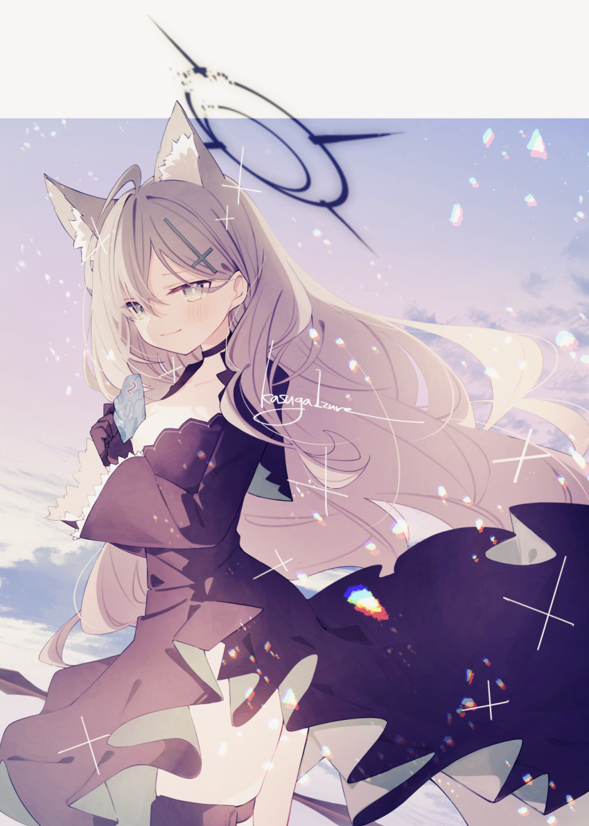 1girl ahoge animal_ear_fluff animal_ears black_choker black_dress black_gloves black_halo blue_archive blue_sky blush border breasts broken_halo choker cleavage closed_mouth cloud cloudy_sky commentary_request cross cross_hair_ornament dress extra_ears frilled_dress frills gloves grey_eyes grey_hair hair_behind_ear hair_ornament halo highres holding inverted_cross kasuga_haruhi large_breasts long_hair long_sleeves looking_at_viewer mismatched_pupils outside_border shiroko_(blue_archive) shiroko_terror_(blue_archive) sky smile solo thigh_strap thighs very_long_hair white_border wolf_ears wolf_girl