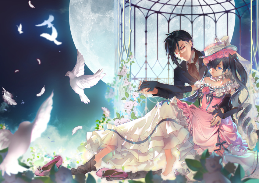 2boys absurdres bare_shoulders barefoot bird black_suit blue_eyes blue_hair bow bowtie choker ciel_phantomhive ciel_phantomhive_(robin_dress) closed_mouth crossdressing dark_blue_hair dove dress falling_feathers feathers flower frilled_choker frilled_dress frills glasses grabbing_another's_hand hair_over_one_eye hat hat_bow head_wreath highres kuroshitsuji long_hair looking_at_another male_focus matsuki_ringo moon multiple_boys otoko_no_ko pink_choker pink_flower pink_headwear red_eyes sebastian_michaelis short_hair smile strapless strapless_dress striped_bow striped_bowtie striped_clothes suit twintails very_long_hair white_flower